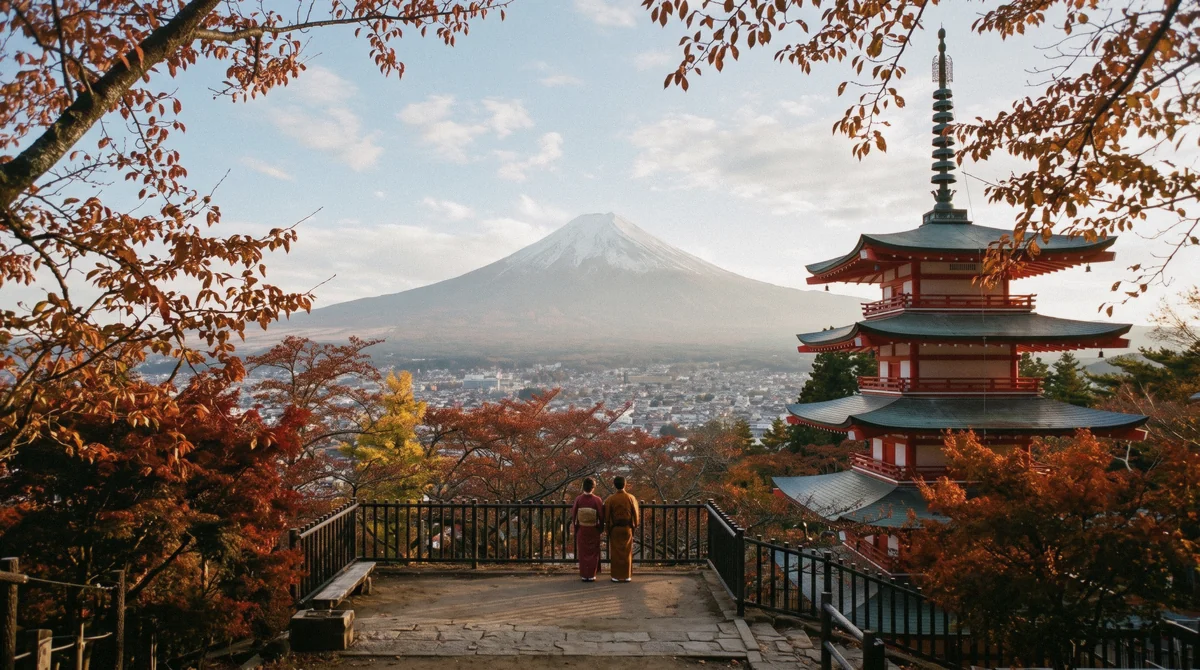 The Chureito Pagoda and Mount Fuji in autumn with kimono visitors on the viewing deck on the lake kawaguchi oishi park tour, Japan