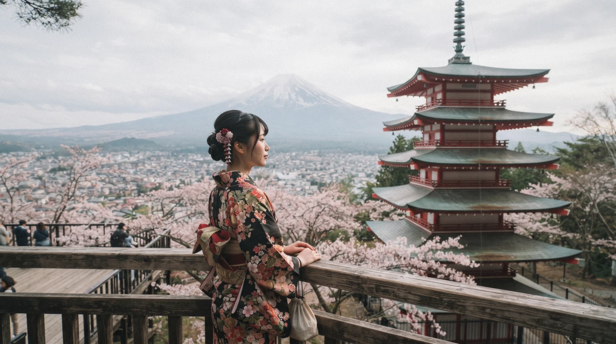 A visitor in a floral kimono looking out to Mount Fuji and the Chureito Pagoda in spring on the lake kawaguchi oishi park tour, Yamanashi, Japan