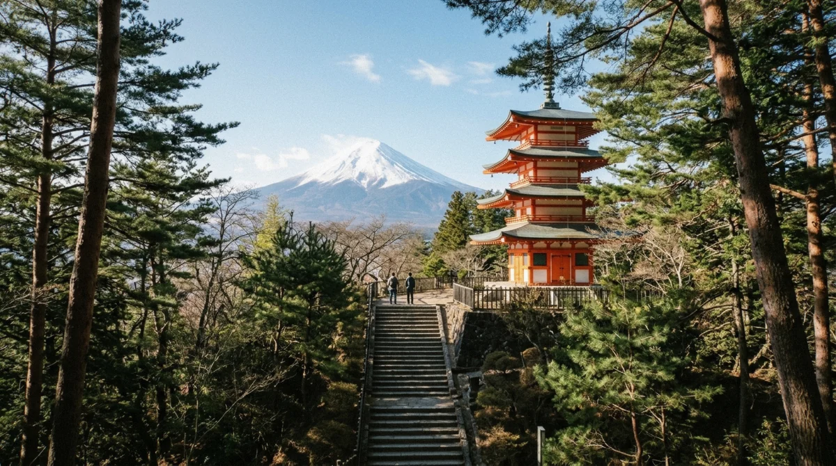 Stone stairway climbing through Arakurayama Sengen Park toward the Chureito Pagoda with Mount Fuji visible in clear morning light, a key stop in this chureito pagoda guide