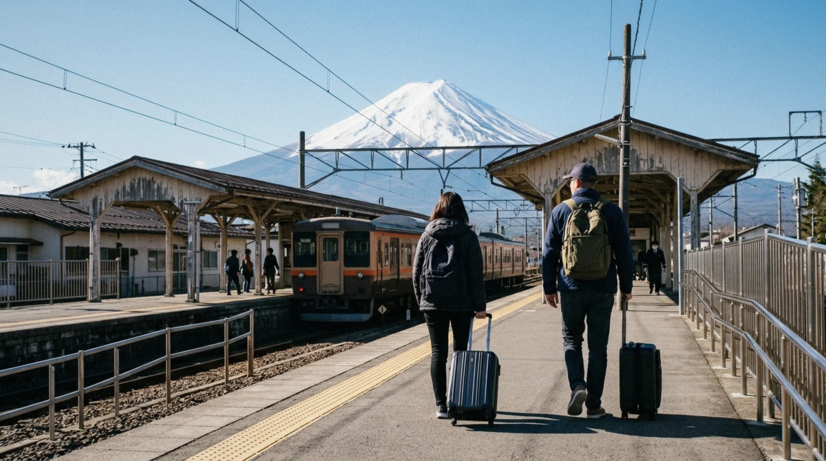 Train pulling into Kawaguchiko Station platform with Mount Fuji visible beyond on a bright sunny morning, the arrival point for travelers figuring out how to get to Kawaguchiko from Tokyo