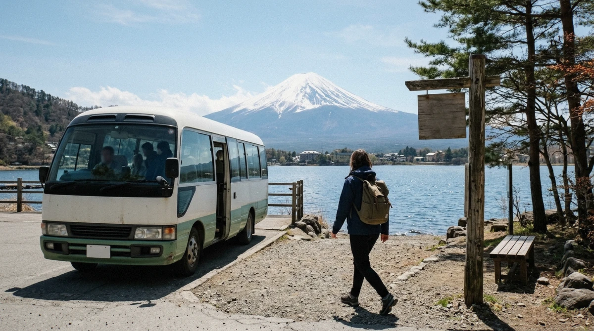 Fujikyu sightseeing bus stop on the Lake Kawaguchi shore with Mount Fuji visible behind on a sunny day, a stop on the route for getting around Kawaguchiko without a car