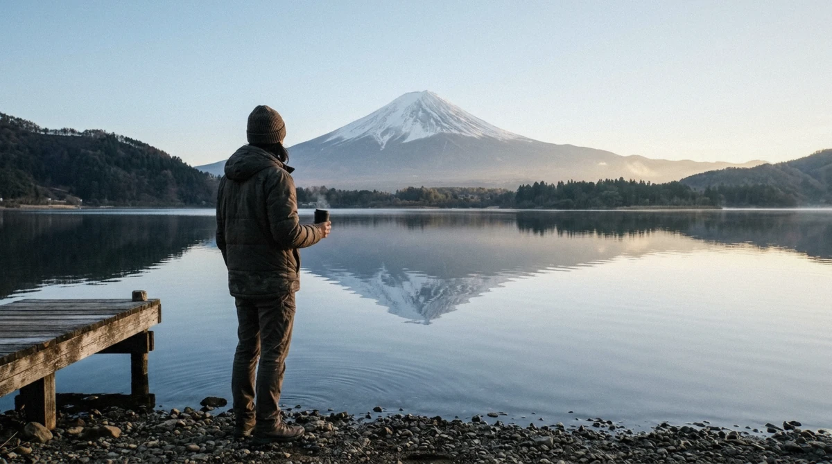 Early morning shoreline of Lake Kawaguchi with Mount Fuji reflected in still water, a scene only an overnight stay reaches on a kawaguchiko day trip or overnight comparison