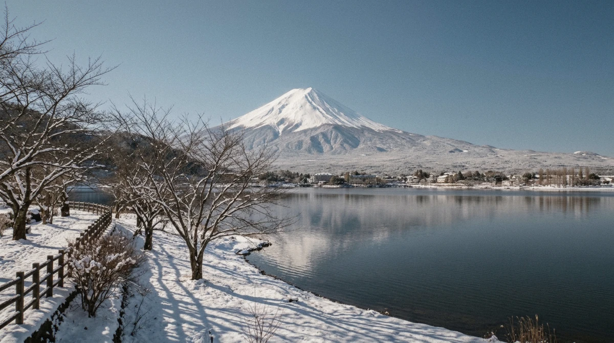 Mount Fuji standing clear against a crisp blue winter sky above Lake Kawaguchi, illustrating the best time to visit Kawaguchiko for visibility