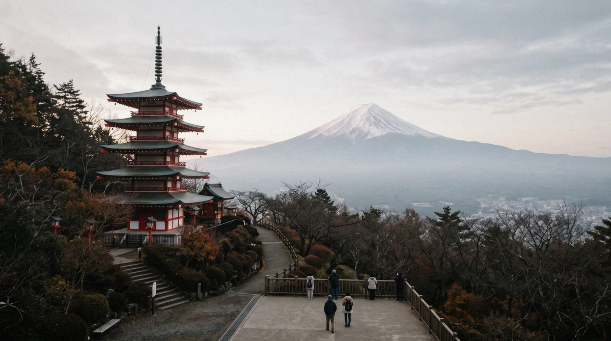 The Chureito Pagoda framed below a snow-capped Mount Fuji at Arakurayama Sengen Park on a mt fuji photography day tour, Fujiyoshida, Japan