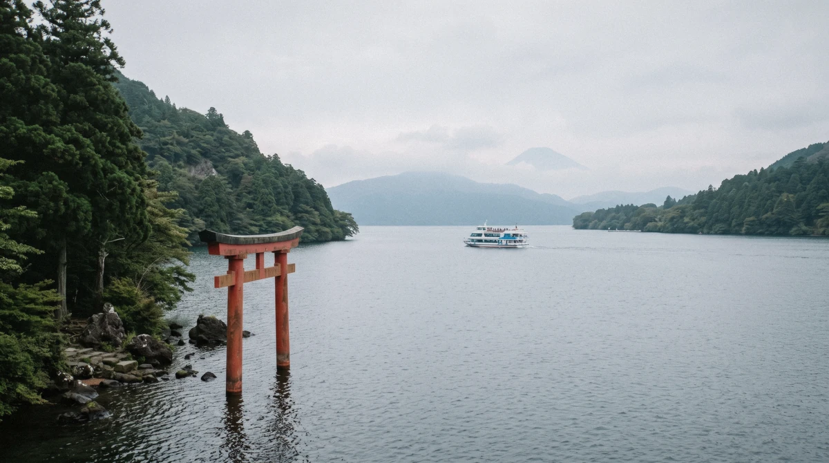 Sightseeing ship crossing Lake Ashi with Mount Fuji behind on a mt fuji and hakone day tour from Tokyo, Hakone, Japan