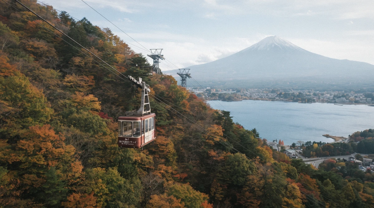 Cable car cabin of the Mt. Fuji Panoramic Ropeway ascending Mt. Tenjo above Lake Kawaguchi, part of getting around Kawaguchiko without a car
