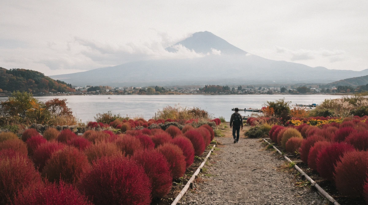 Mount Fuji across Lake Kawaguchi from Oishi Park flower beds on a fuji five lakes tour, Yamanashi, Japan
