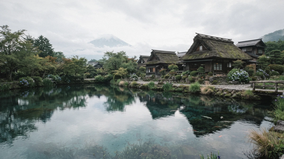Clear spring pond and thatched houses below Mount Fuji at Oshino Hakkai on a fuji five lakes tour, Japan
