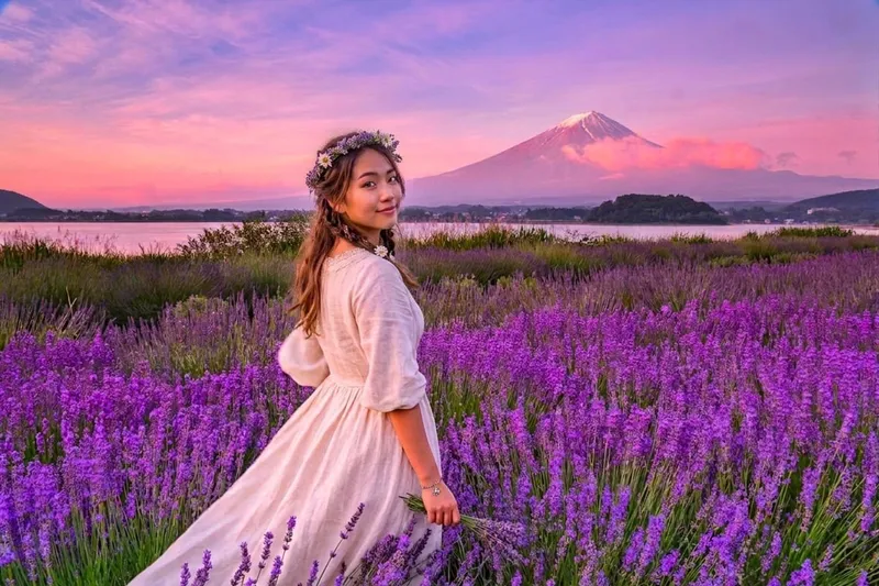Kachi Kachi ropeway cabin above Lake Kawaguchi with Mount Fuji on a fuji five lakes tour, Japan